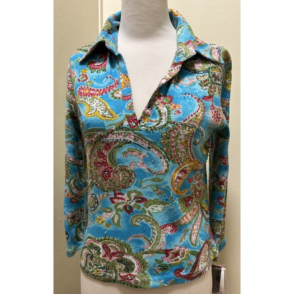 NWT Chaudry Sports Women's V-Neck Blue Sky Floral Top Beaded Boho Blouse-Size M